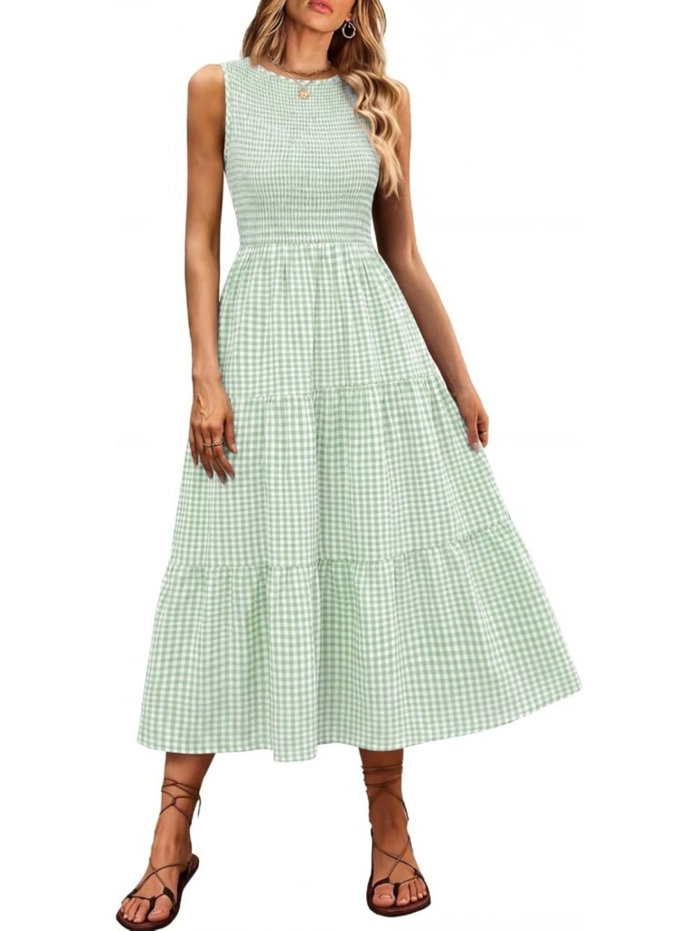 Casual Summer Gingham Midi Dress | Smocked Teacher Sundress for Everyday Wear